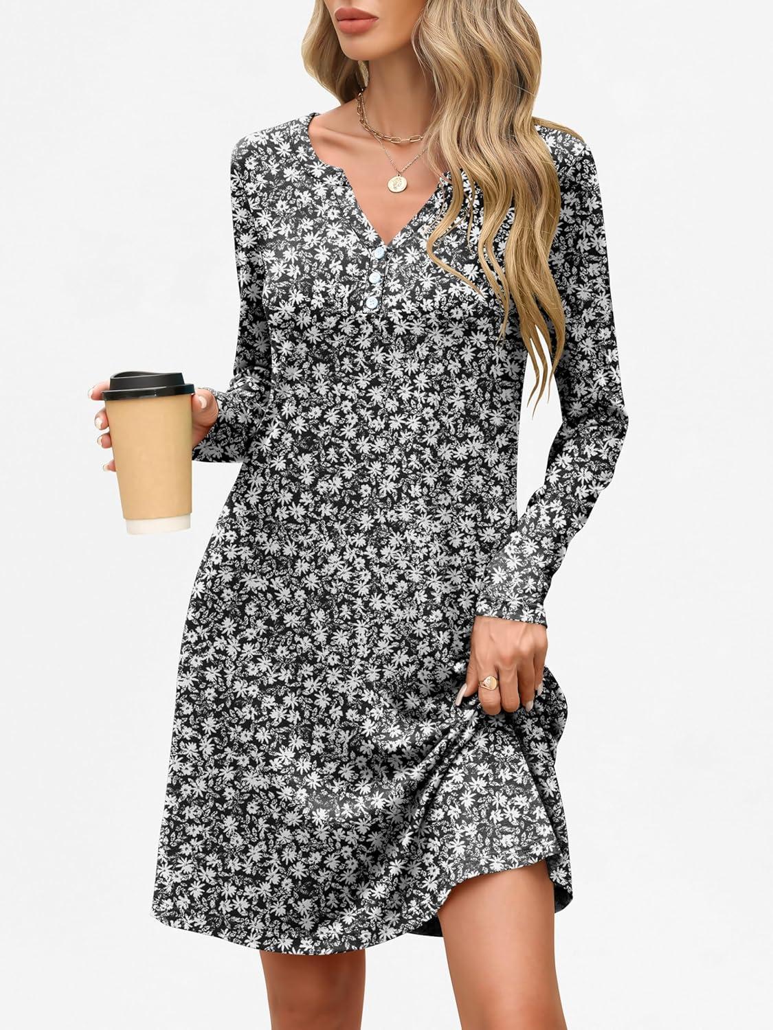 imageANRABESS Long Sleeve Dresses for Women 2025 Fall Casual Flowy Swing V Neck Boho Floral Mini Travel Vacation Dress with PocketFloral Black