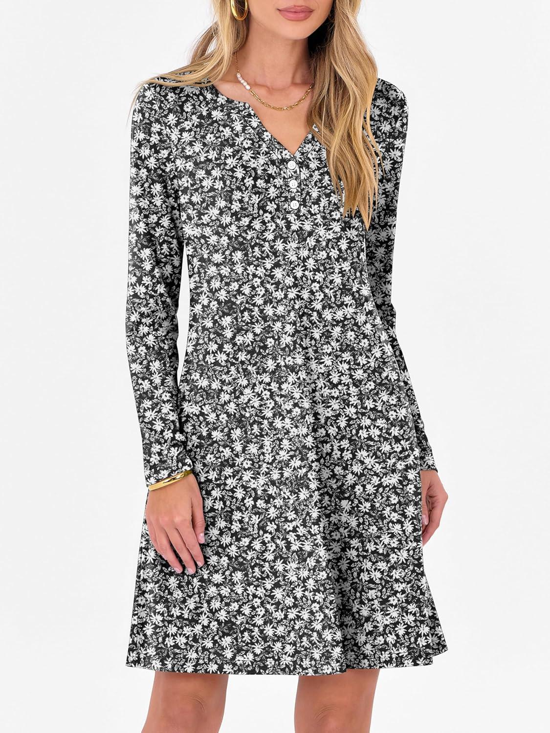 imageANRABESS Long Sleeve Dresses for Women 2025 Fall Casual Flowy Swing V Neck Boho Floral Mini Travel Vacation Dress with PocketFloral Black