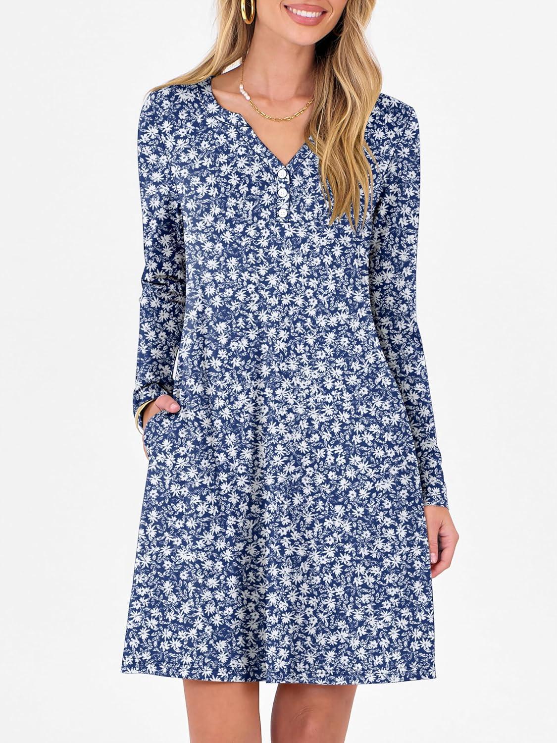 imageANRABESS Long Sleeve Dresses for Women 2025 Fall Casual Flowy Swing V Neck Boho Floral Mini Travel Vacation Dress with PocketFloral Blue
