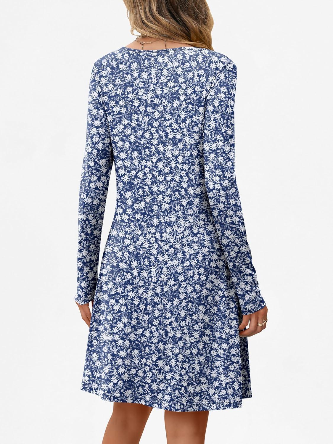 imageANRABESS Long Sleeve Dresses for Women 2025 Fall Casual Flowy Swing V Neck Boho Floral Mini Travel Vacation Dress with PocketFloral Blue