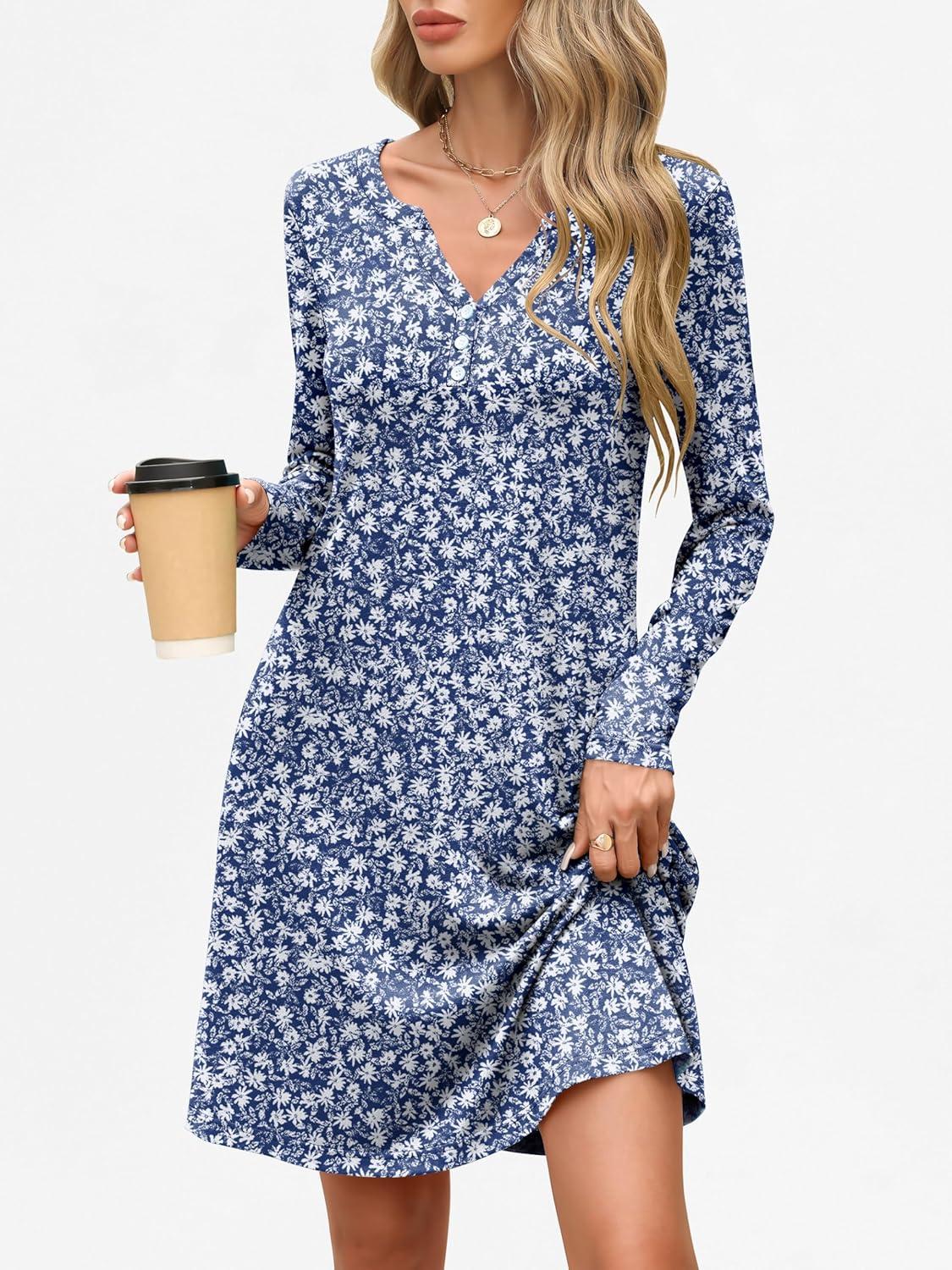 imageANRABESS Long Sleeve Dresses for Women 2025 Fall Casual Flowy Swing V Neck Boho Floral Mini Travel Vacation Dress with PocketFloral Blue