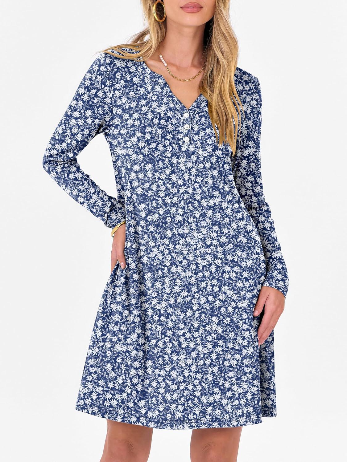 imageANRABESS Long Sleeve Dresses for Women 2025 Fall Casual Flowy Swing V Neck Boho Floral Mini Travel Vacation Dress with PocketFloral Blue