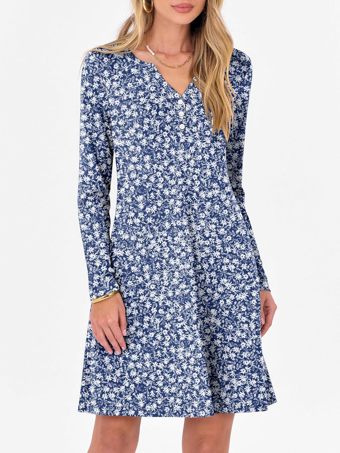 imageANRABESS Long Sleeve Dresses for Women 2025 Fall Casual Flowy Swing V Neck Boho Floral Mini Travel Vacation Dress with PocketFloral Blue