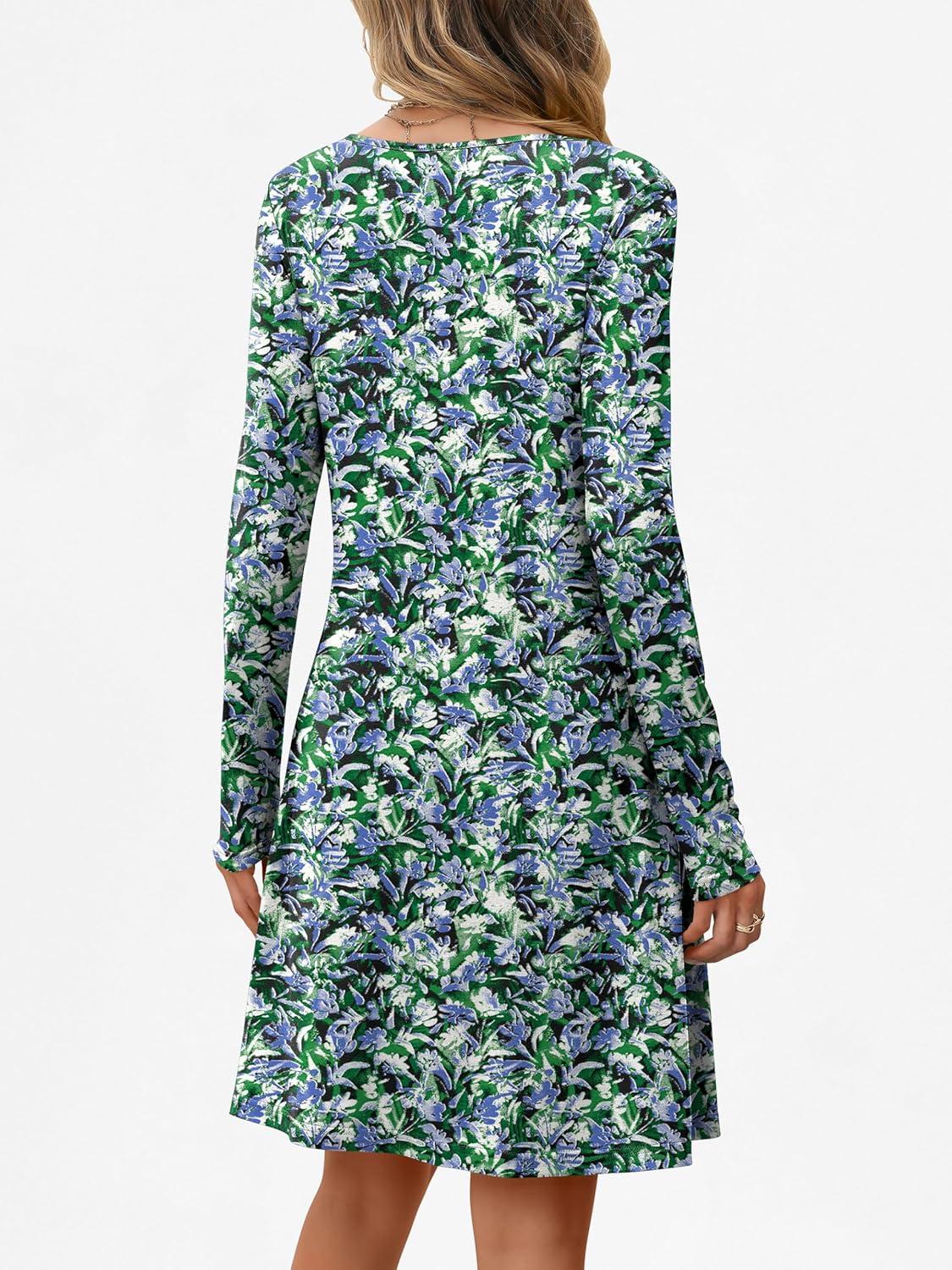 imageANRABESS Long Sleeve Dresses for Women 2025 Fall Casual Flowy Swing V Neck Boho Floral Mini Travel Vacation Dress with PocketFloral Blue Green