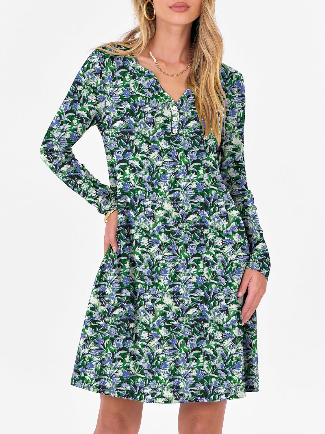 imageANRABESS Long Sleeve Dresses for Women 2025 Fall Casual Flowy Swing V Neck Boho Floral Mini Travel Vacation Dress with PocketFloral Blue Green