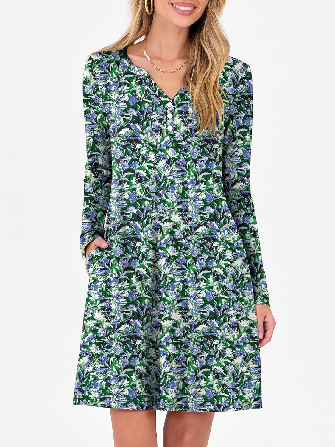 imageANRABESS Long Sleeve Dresses for Women 2025 Fall Casual Flowy Swing V Neck Boho Floral Mini Travel Vacation Dress with PocketFloral Blue Green