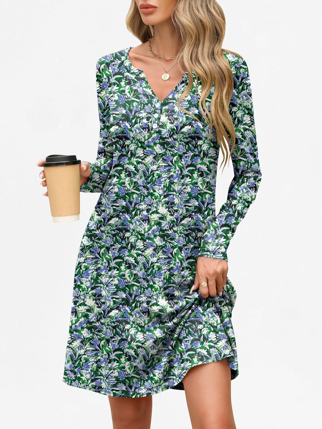 imageANRABESS Long Sleeve Dresses for Women 2025 Fall Casual Flowy Swing V Neck Boho Floral Mini Travel Vacation Dress with PocketFloral Blue Green