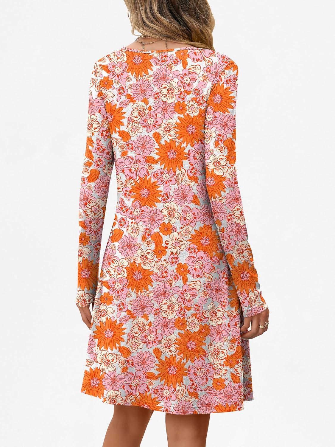 imageANRABESS Long Sleeve Dresses for Women 2025 Fall Casual Flowy Swing V Neck Boho Floral Mini Travel Vacation Dress with PocketFloral Chrysanthemum