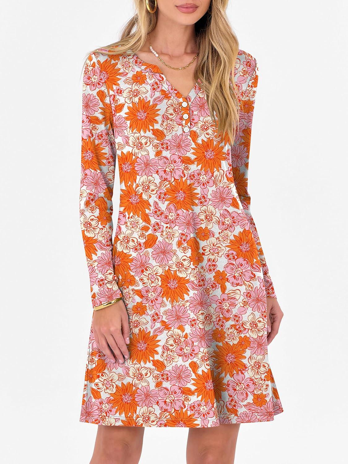 imageANRABESS Long Sleeve Dresses for Women 2025 Fall Casual Flowy Swing V Neck Boho Floral Mini Travel Vacation Dress with PocketFloral Chrysanthemum