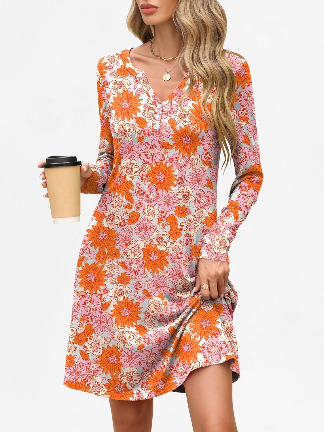 imageANRABESS Long Sleeve Dresses for Women 2025 Fall Casual Flowy Swing V Neck Boho Floral Mini Travel Vacation Dress with PocketFloral Chrysanthemum