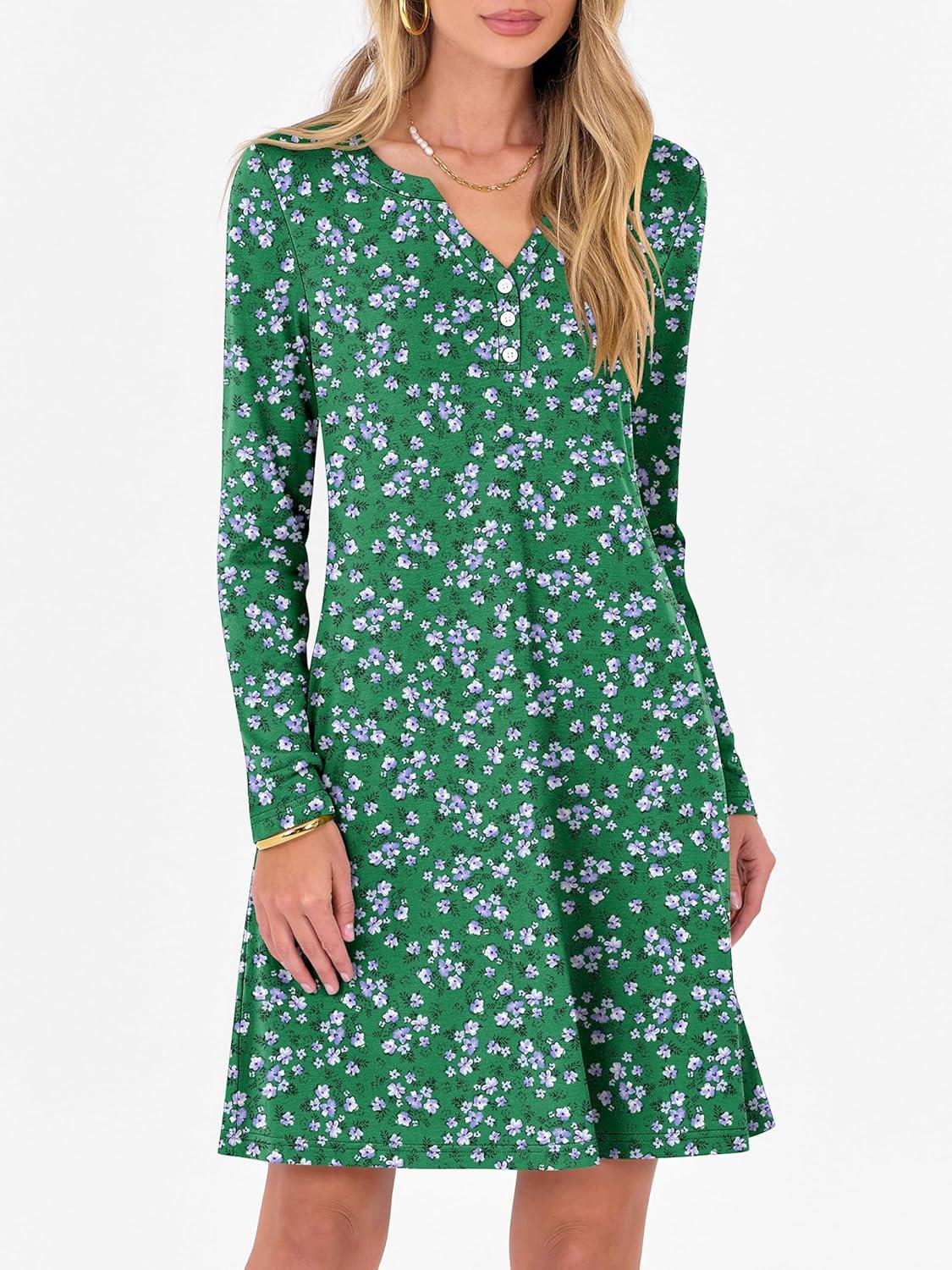 imageANRABESS Long Sleeve Dresses for Women 2025 Fall Casual Flowy Swing V Neck Boho Floral Mini Travel Vacation Dress with PocketFloral Green