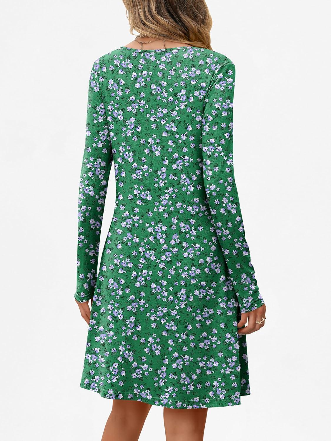 imageANRABESS Long Sleeve Dresses for Women 2025 Fall Casual Flowy Swing V Neck Boho Floral Mini Travel Vacation Dress with PocketFloral Green