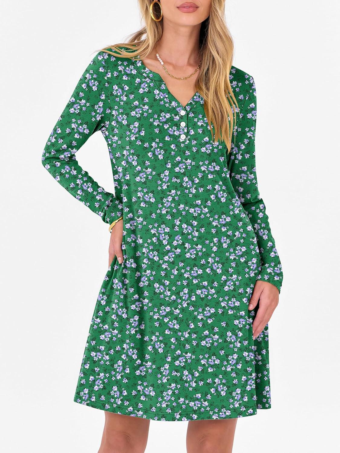 imageANRABESS Long Sleeve Dresses for Women 2025 Fall Casual Flowy Swing V Neck Boho Floral Mini Travel Vacation Dress with PocketFloral Green