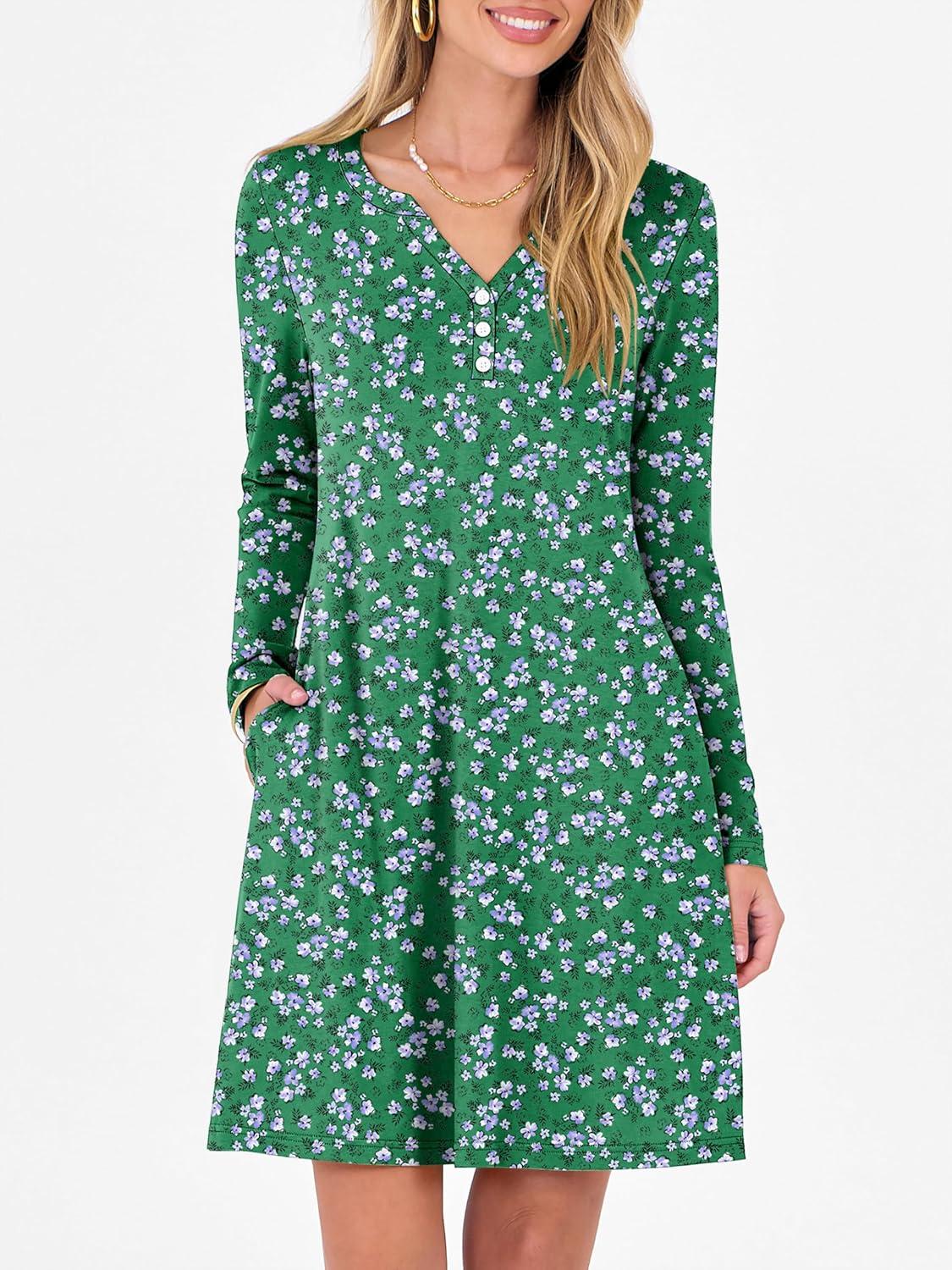 imageANRABESS Long Sleeve Dresses for Women 2025 Fall Casual Flowy Swing V Neck Boho Floral Mini Travel Vacation Dress with PocketFloral Green