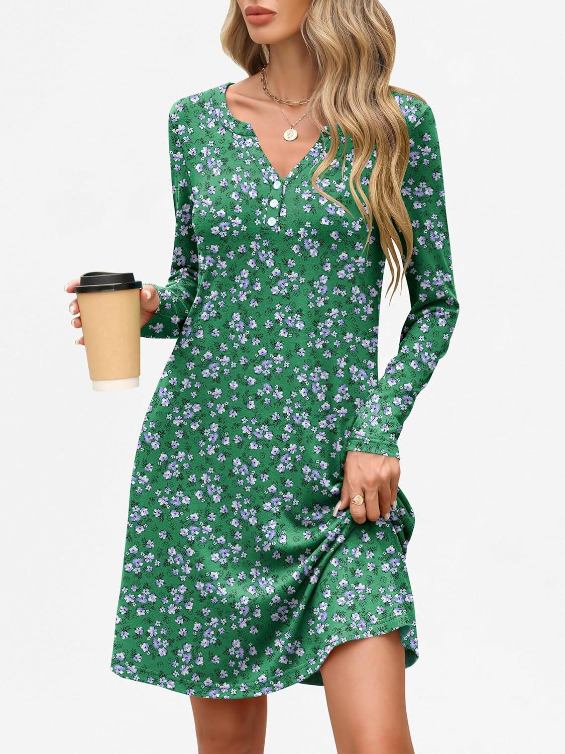 imageANRABESS Long Sleeve Dresses for Women 2025 Fall Casual Flowy Swing V Neck Boho Floral Mini Travel Vacation Dress with PocketFloral Green