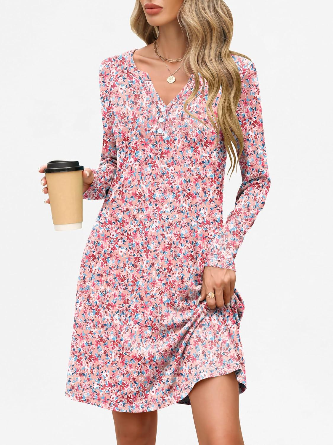 imageANRABESS Long Sleeve Dresses for Women 2025 Fall Casual Flowy Swing V Neck Boho Floral Mini Travel Vacation Dress with PocketFloral Pink