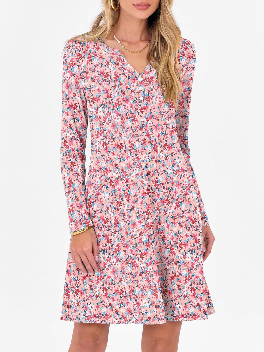 imageANRABESS Long Sleeve Dresses for Women 2025 Fall Casual Flowy Swing V Neck Boho Floral Mini Travel Vacation Dress with PocketFloral Pink