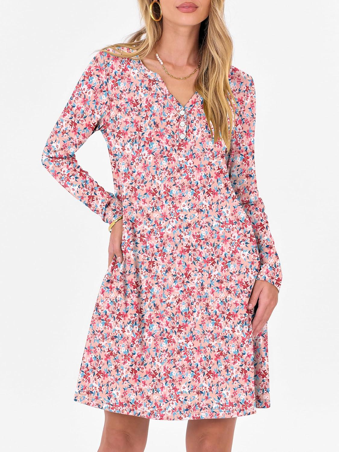 imageANRABESS Long Sleeve Dresses for Women 2025 Fall Casual Flowy Swing V Neck Boho Floral Mini Travel Vacation Dress with PocketFloral Pink
