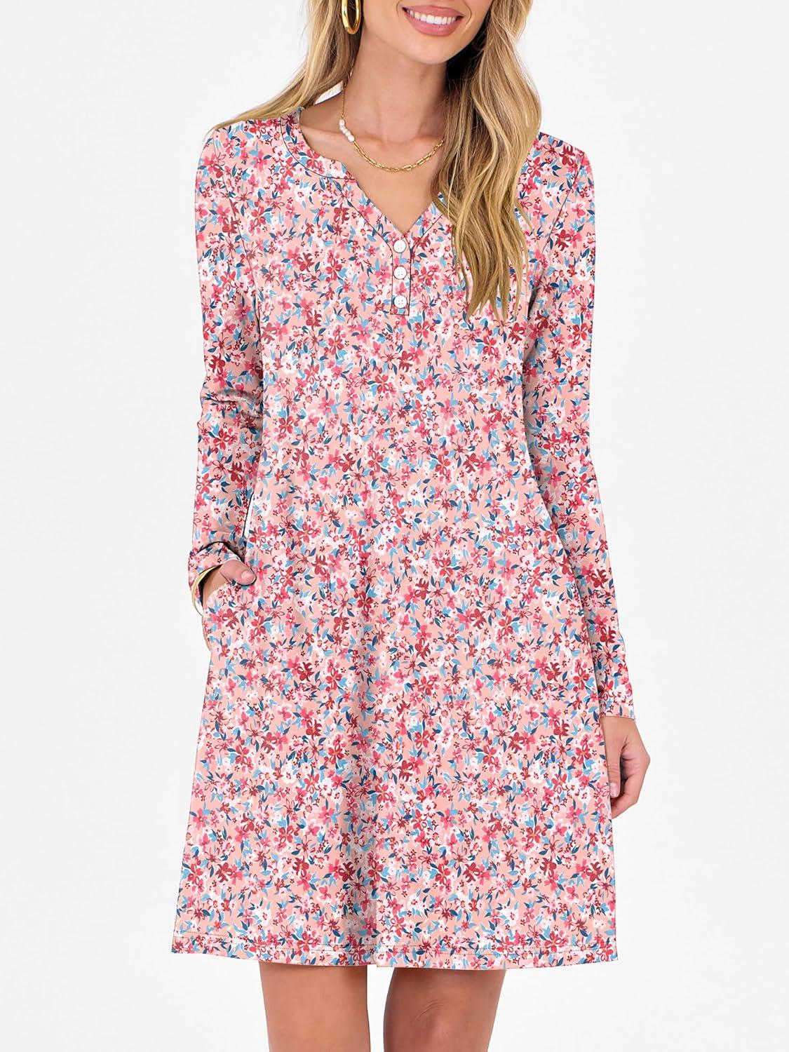 imageANRABESS Long Sleeve Dresses for Women 2025 Fall Casual Flowy Swing V Neck Boho Floral Mini Travel Vacation Dress with PocketFloral Pink