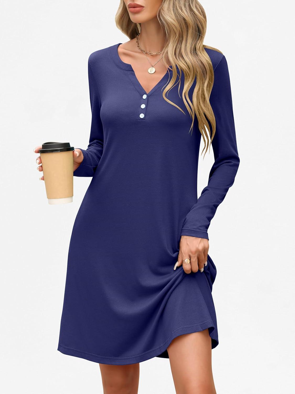 imageANRABESS Long Sleeve Dresses for Women 2025 Fall Casual Flowy Swing V Neck Boho Floral Mini Travel Vacation Dress with PocketNavy Blue
