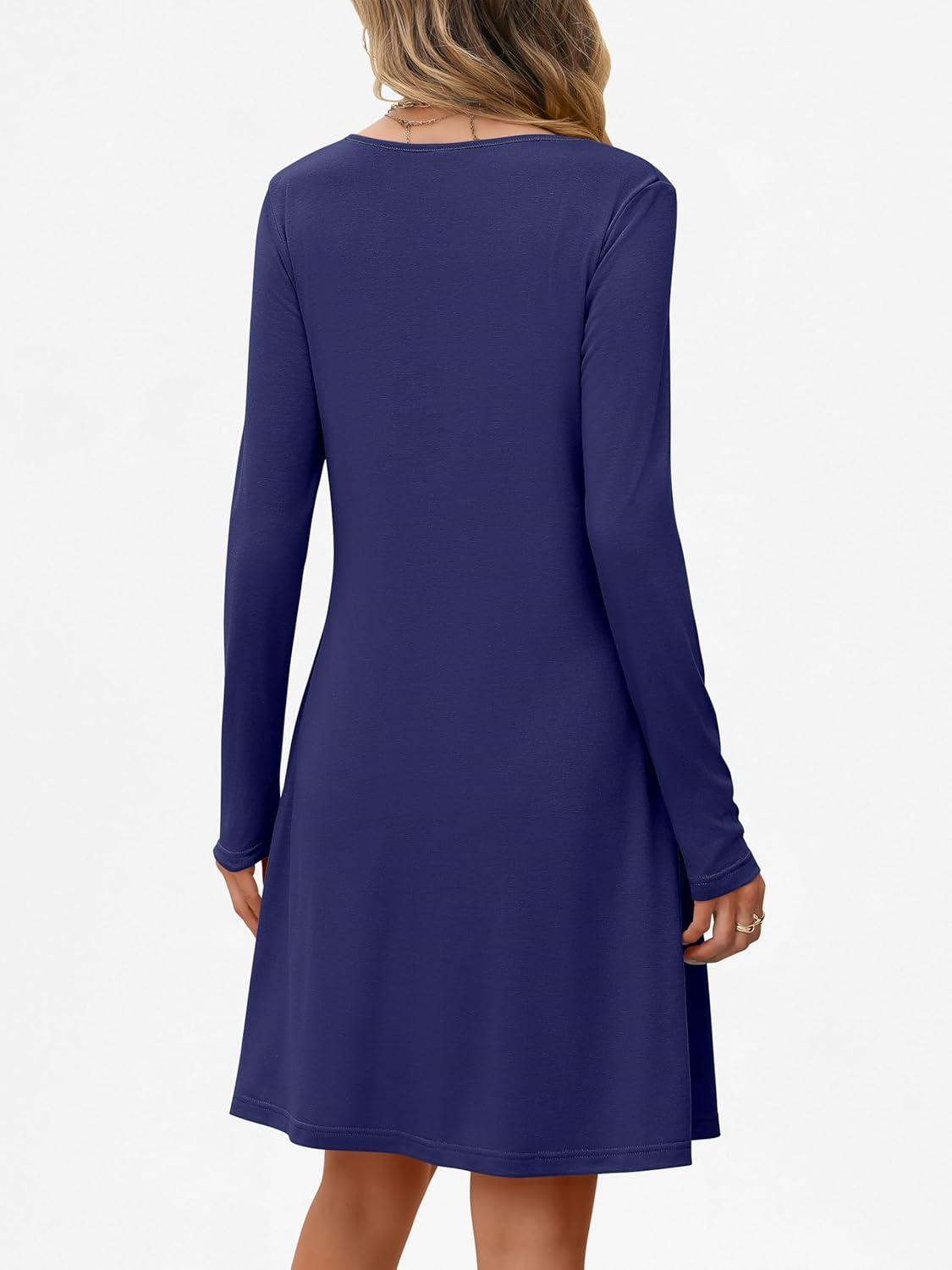 imageANRABESS Long Sleeve Dresses for Women 2025 Fall Casual Flowy Swing V Neck Boho Floral Mini Travel Vacation Dress with PocketNavy Blue