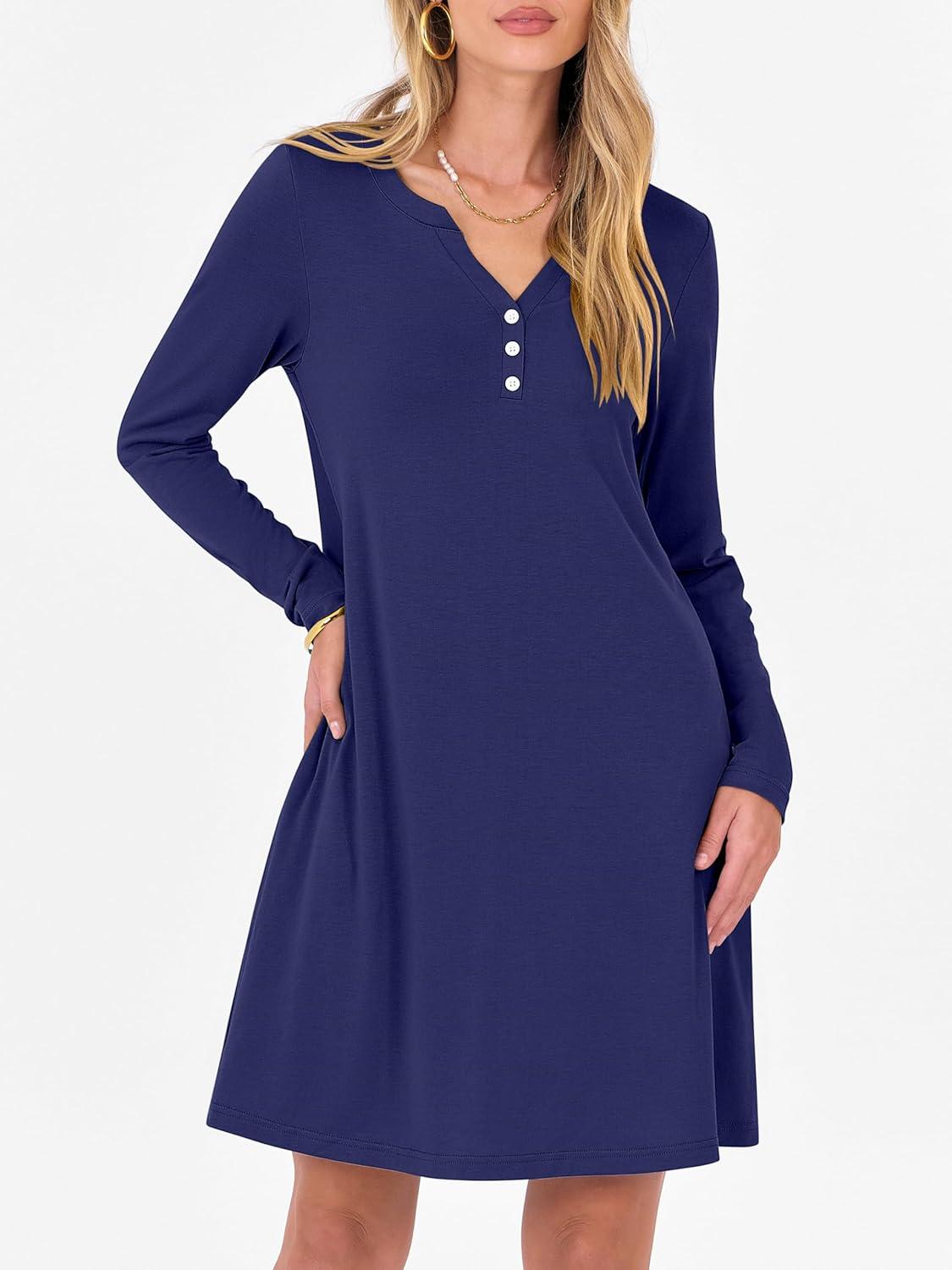 imageANRABESS Long Sleeve Dresses for Women 2025 Fall Casual Flowy Swing V Neck Boho Floral Mini Travel Vacation Dress with PocketNavy Blue