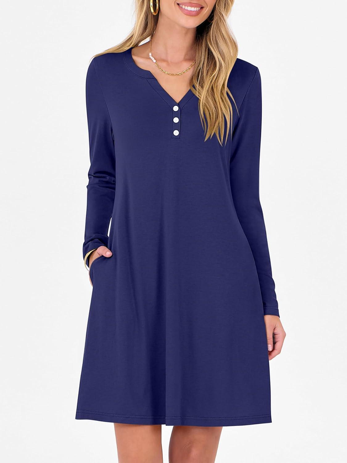 imageANRABESS Long Sleeve Dresses for Women 2025 Fall Casual Flowy Swing V Neck Boho Floral Mini Travel Vacation Dress with PocketNavy Blue