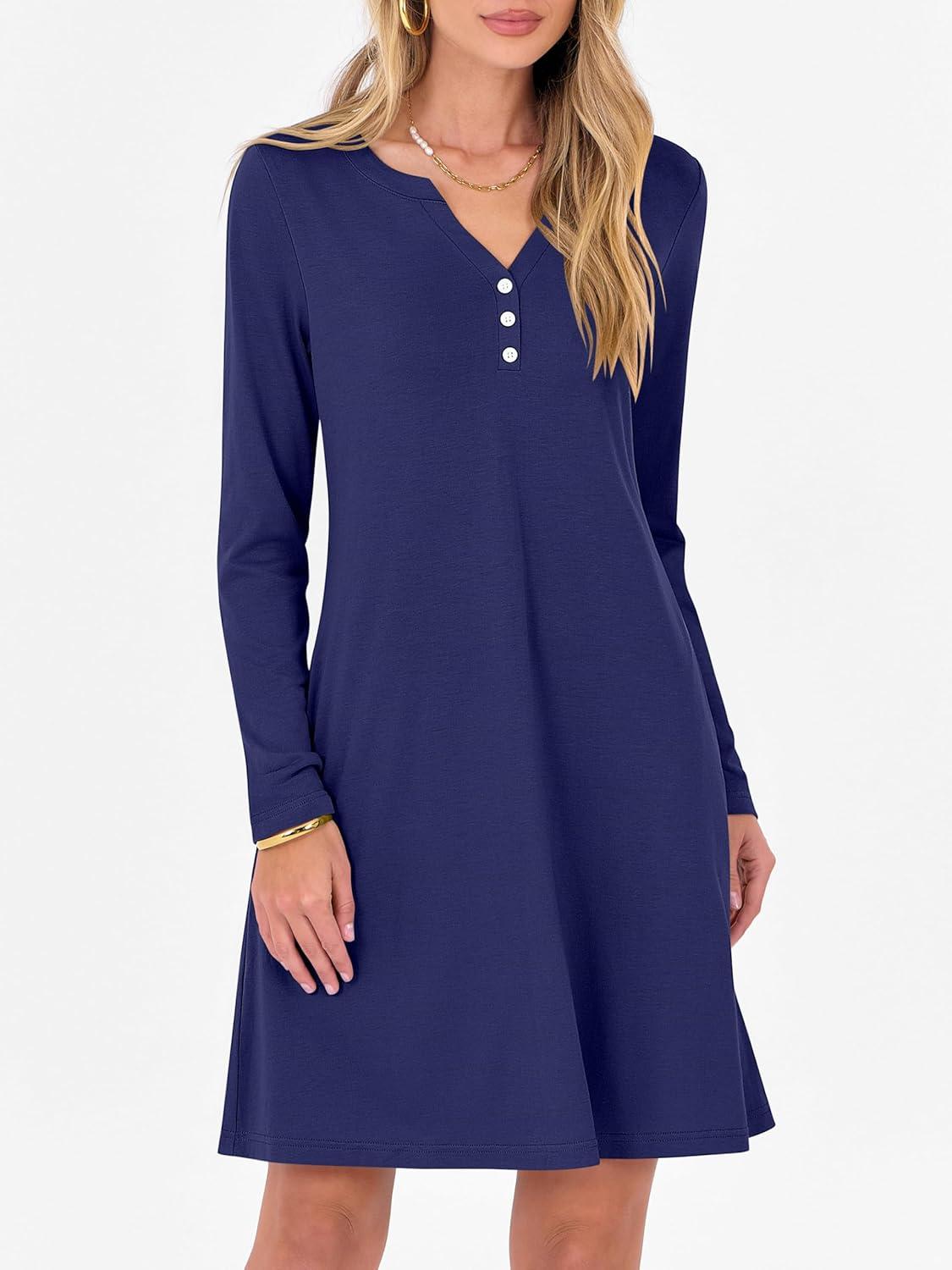 imageANRABESS Long Sleeve Dresses for Women 2025 Fall Casual Flowy Swing V Neck Boho Floral Mini Travel Vacation Dress with PocketNavy Blue