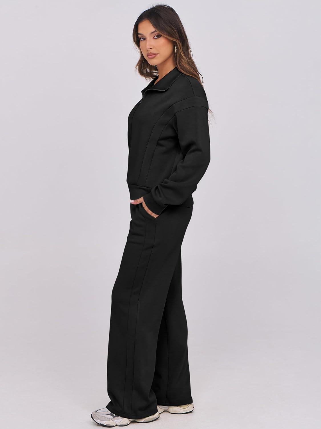 imageANRABESS Lounge Sets for Women 2 Piece Outfits Sweatsuit Fall Zip Up Sweatshirts Wide Leg Pants Matching Sweat Set TracksuitBlack