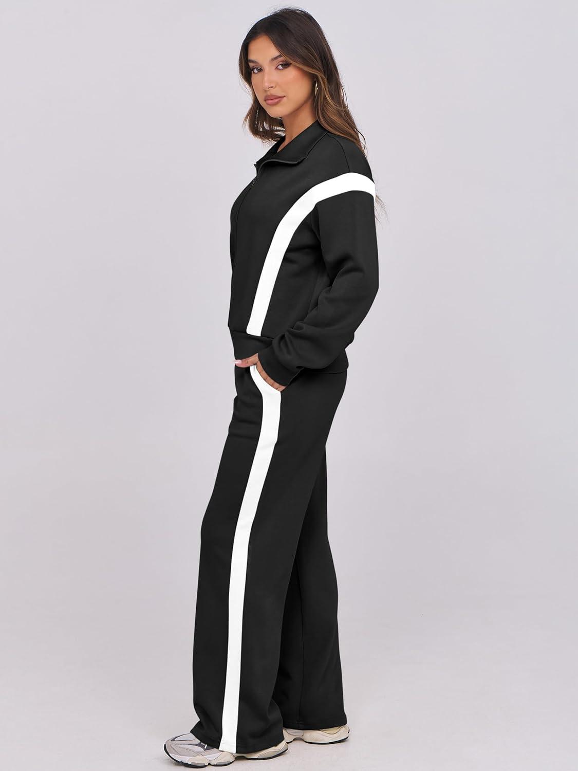 imageANRABESS Lounge Sets for Women 2 Piece Outfits Sweatsuit Fall Zip Up Sweatshirts Wide Leg Pants Matching Sweat Set TracksuitBlack White Stripe