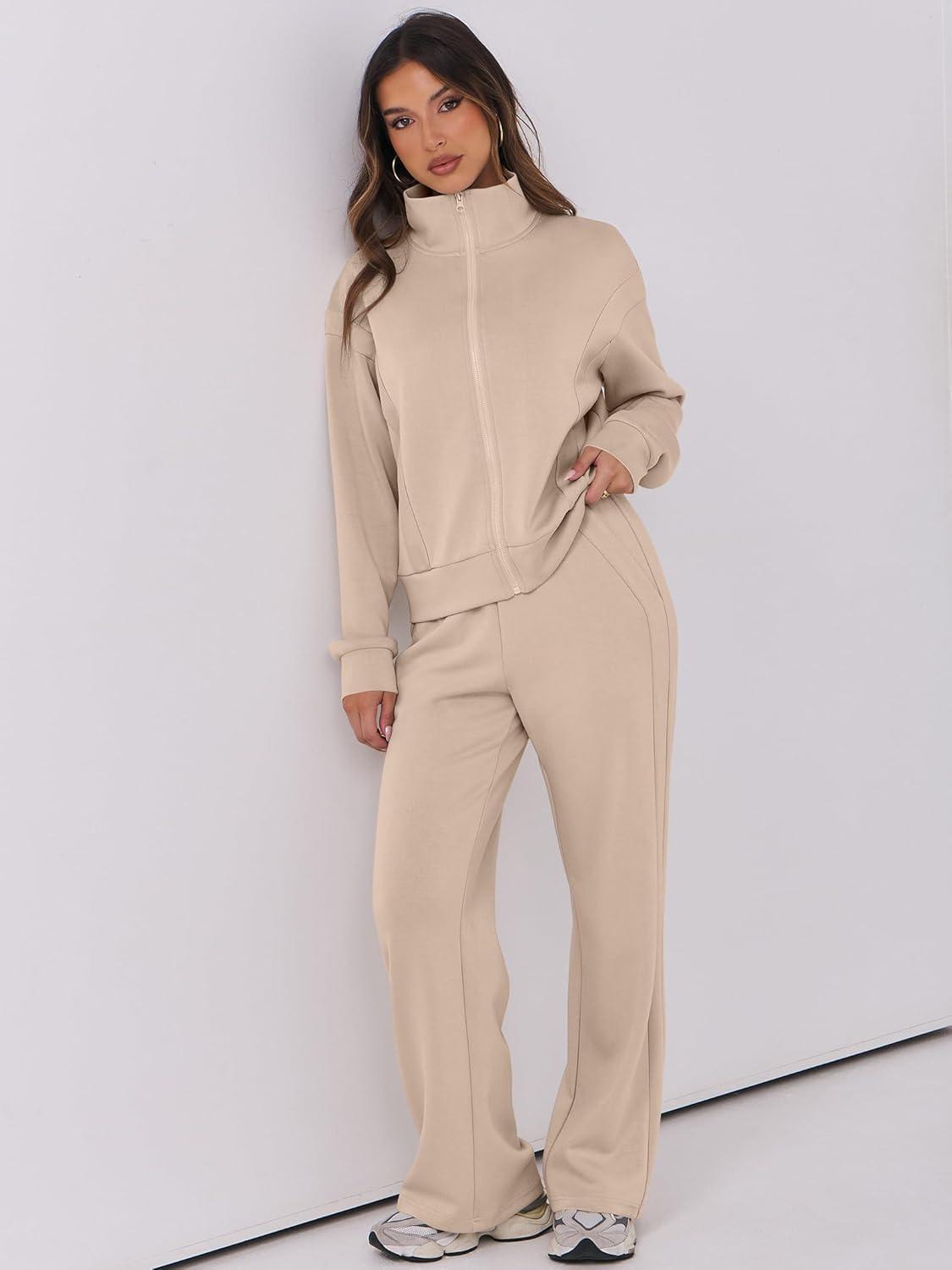 imageANRABESS Lounge Sets for Women 2 Piece Outfits Sweatsuit Fall Zip Up Sweatshirts Wide Leg Pants Matching Sweat Set TracksuitKhaki