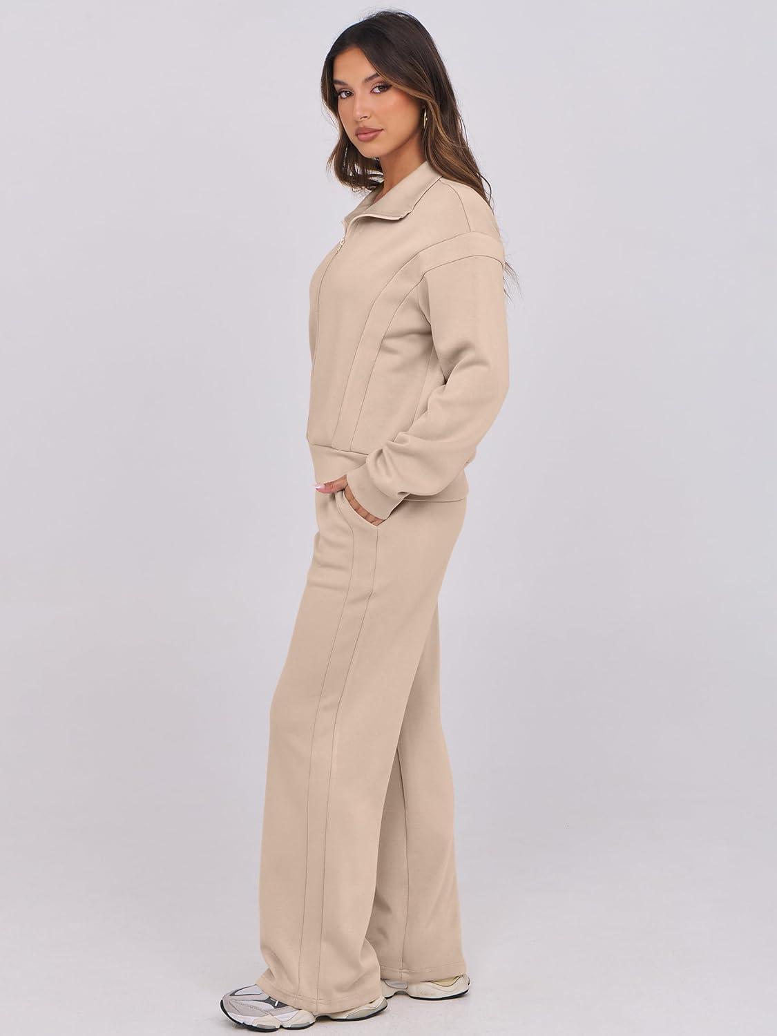 imageANRABESS Lounge Sets for Women 2 Piece Outfits Sweatsuit Fall Zip Up Sweatshirts Wide Leg Pants Matching Sweat Set TracksuitKhaki