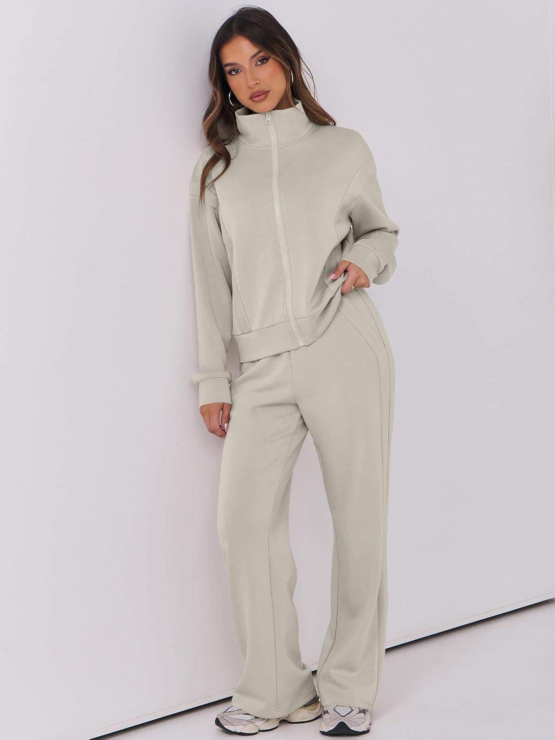 imageANRABESS Lounge Sets for Women 2 Piece Outfits Sweatsuit Fall Zip Up Sweatshirts Wide Leg Pants Matching Sweat Set TracksuitLight Khaki