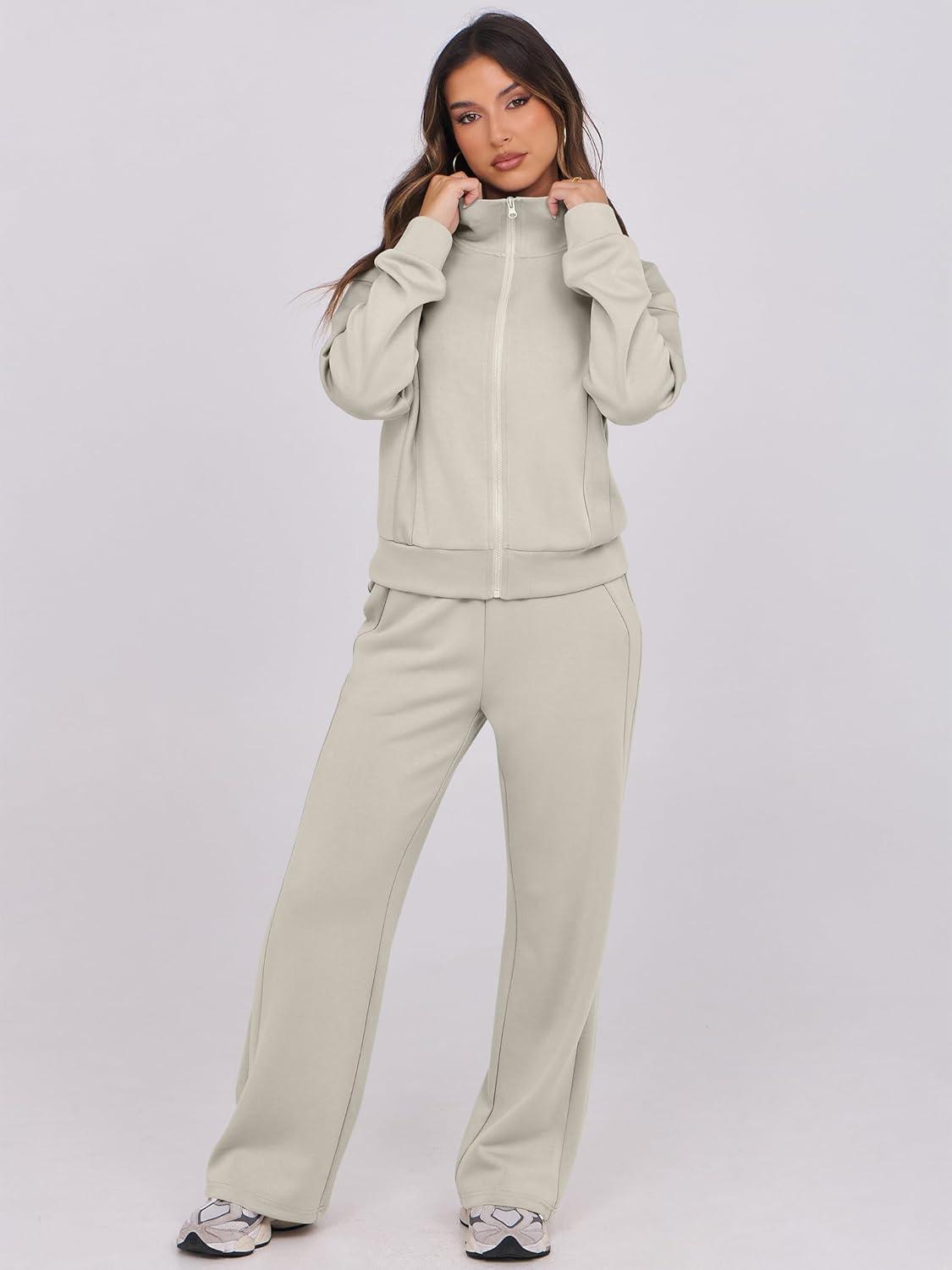 imageANRABESS Lounge Sets for Women 2 Piece Outfits Sweatsuit Fall Zip Up Sweatshirts Wide Leg Pants Matching Sweat Set TracksuitLight Khaki