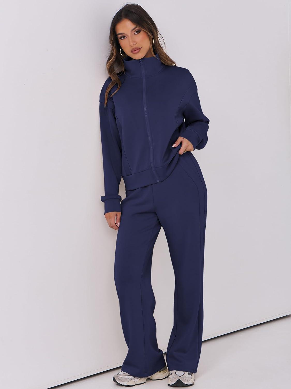 imageANRABESS Lounge Sets for Women 2 Piece Outfits Sweatsuit Fall Zip Up Sweatshirts Wide Leg Pants Matching Sweat Set TracksuitNavy Blue