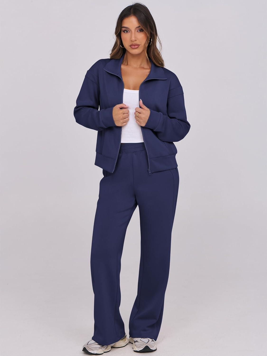 imageANRABESS Lounge Sets for Women 2 Piece Outfits Sweatsuit Fall Zip Up Sweatshirts Wide Leg Pants Matching Sweat Set TracksuitNavy Blue