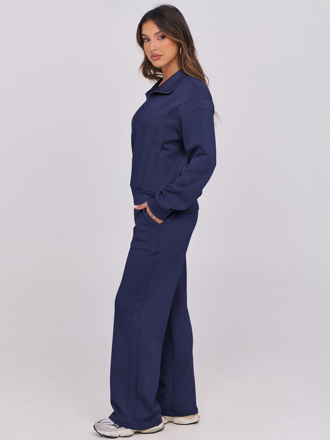 imageANRABESS Lounge Sets for Women 2 Piece Outfits Sweatsuit Fall Zip Up Sweatshirts Wide Leg Pants Matching Sweat Set TracksuitNavy Blue