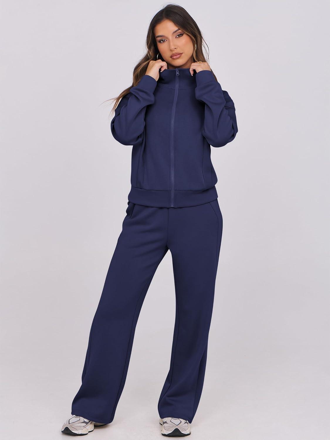imageANRABESS Lounge Sets for Women 2 Piece Outfits Sweatsuit Fall Zip Up Sweatshirts Wide Leg Pants Matching Sweat Set TracksuitNavy Blue