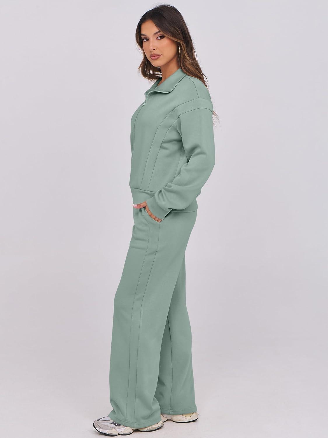 imageANRABESS Lounge Sets for Women 2 Piece Outfits Sweatsuit Fall Zip Up Sweatshirts Wide Leg Pants Matching Sweat Set TracksuitPea Green