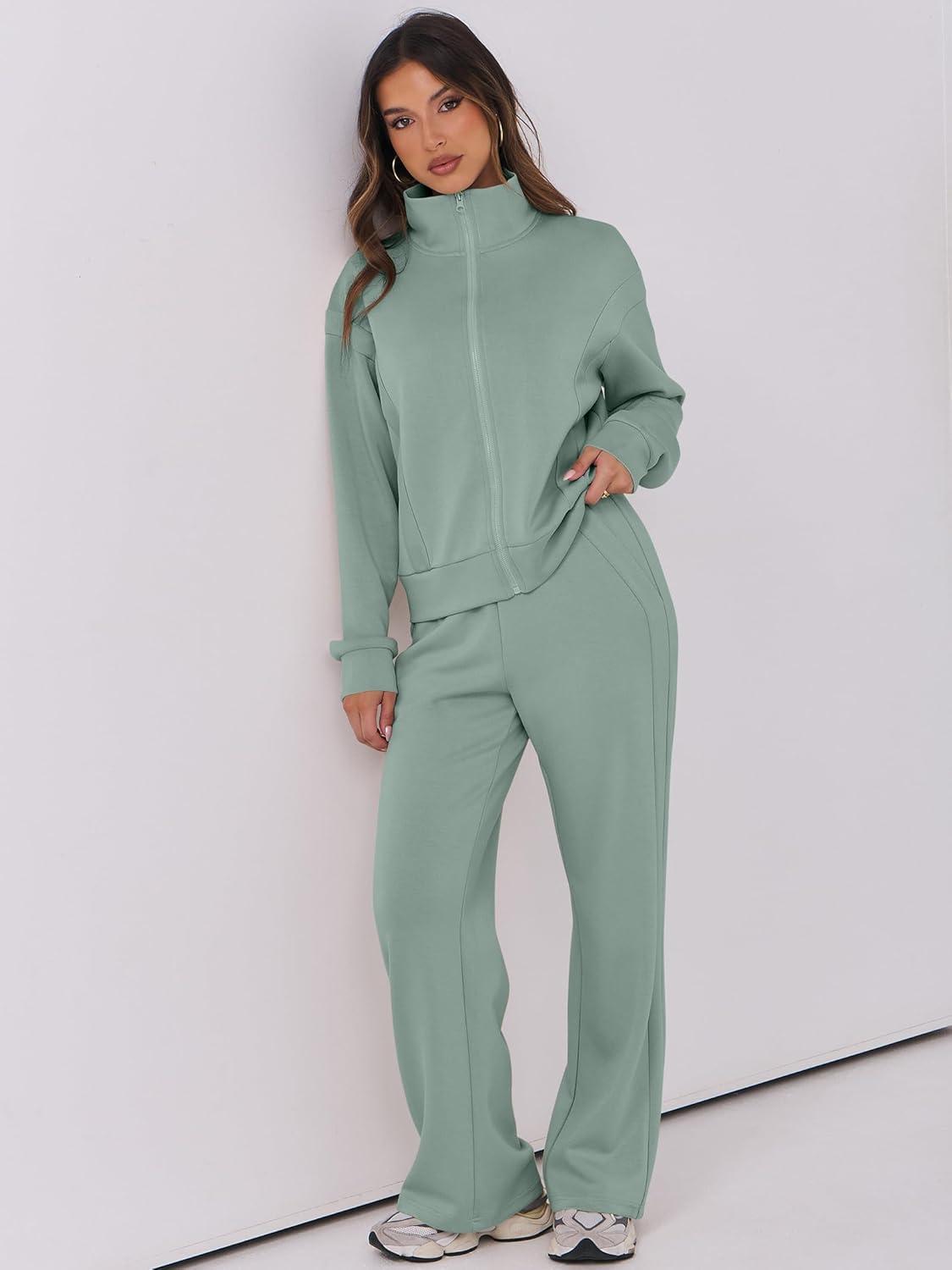 imageANRABESS Lounge Sets for Women 2 Piece Outfits Sweatsuit Fall Zip Up Sweatshirts Wide Leg Pants Matching Sweat Set TracksuitPea Green
