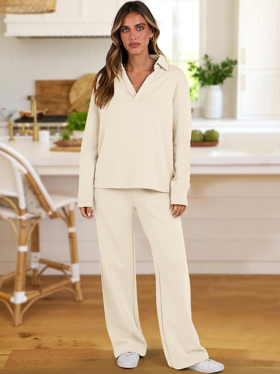 imageANRABESS Lounge Sets for Women 2 Piece Outfits Sweatsuit Set Fall V Neck Sweatshirts Wide Leg Pants TracksuitsAlmond