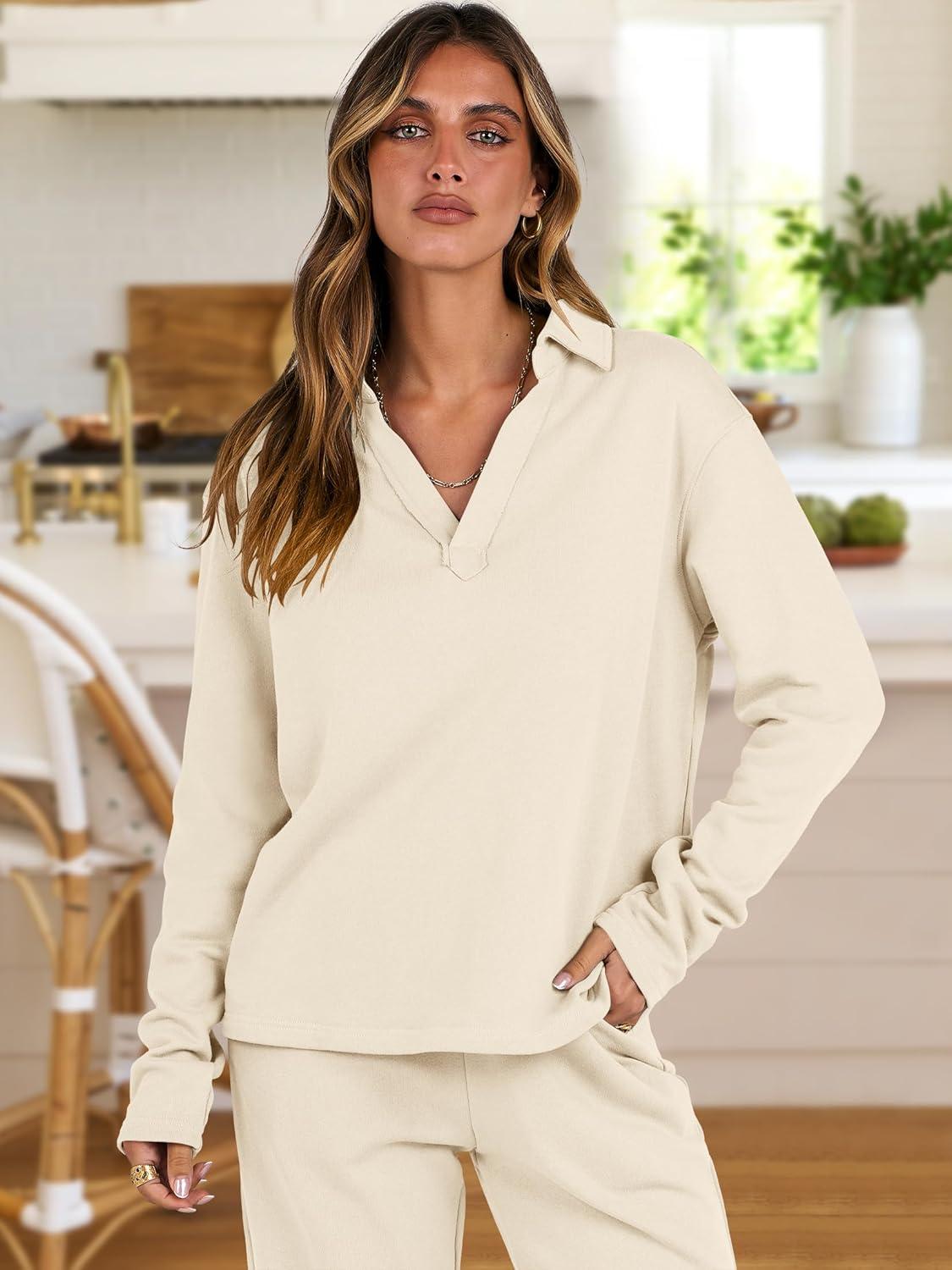 imageANRABESS Lounge Sets for Women 2 Piece Outfits Sweatsuit Set Fall V Neck Sweatshirts Wide Leg Pants TracksuitsAlmond