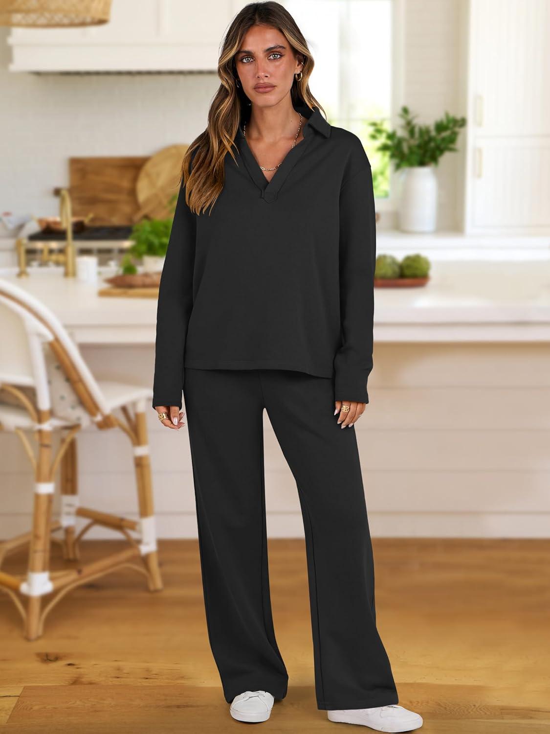 imageANRABESS Lounge Sets for Women 2 Piece Outfits Sweatsuit Set Fall V Neck Sweatshirts Wide Leg Pants TracksuitsBlack