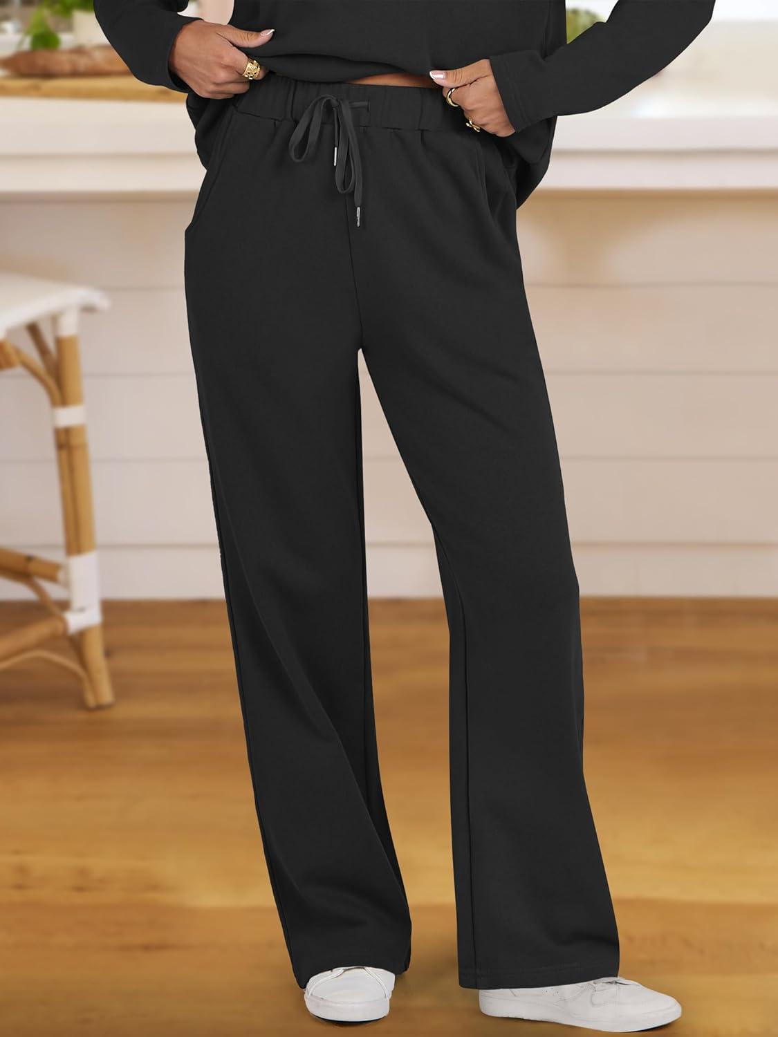 imageANRABESS Lounge Sets for Women 2 Piece Outfits Sweatsuit Set Fall V Neck Sweatshirts Wide Leg Pants TracksuitsBlack