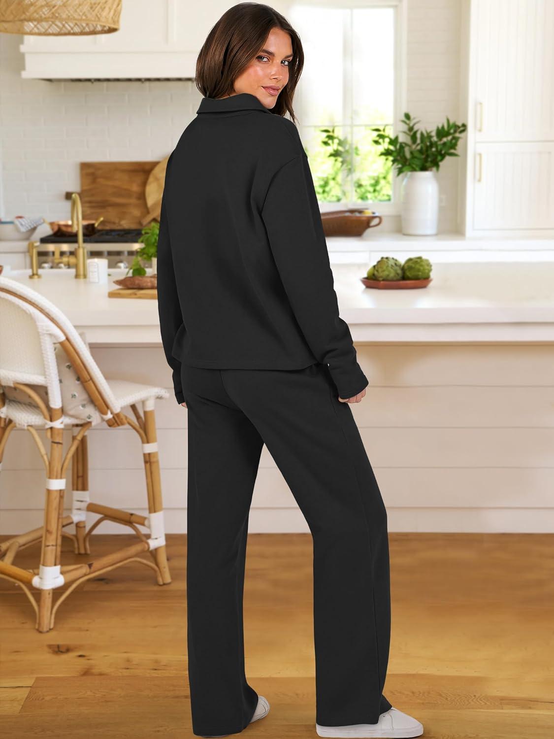 imageANRABESS Lounge Sets for Women 2 Piece Outfits Sweatsuit Set Fall V Neck Sweatshirts Wide Leg Pants TracksuitsBlack