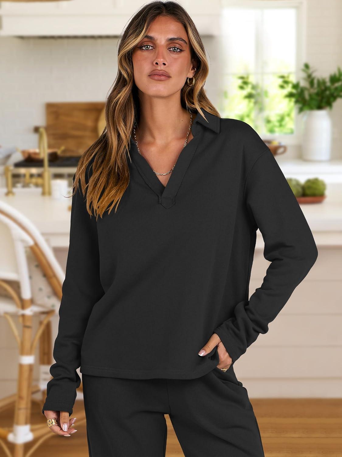 imageANRABESS Lounge Sets for Women 2 Piece Outfits Sweatsuit Set Fall V Neck Sweatshirts Wide Leg Pants TracksuitsBlack