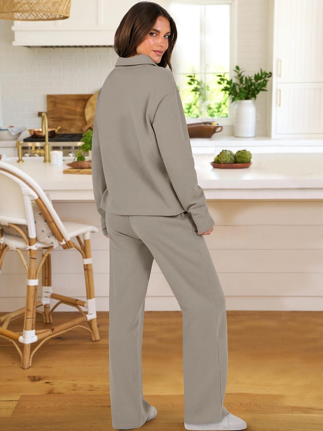 imageANRABESS Lounge Sets for Women 2 Piece Outfits Sweatsuit Set Fall V Neck Sweatshirts Wide Leg Pants TracksuitsKhaki