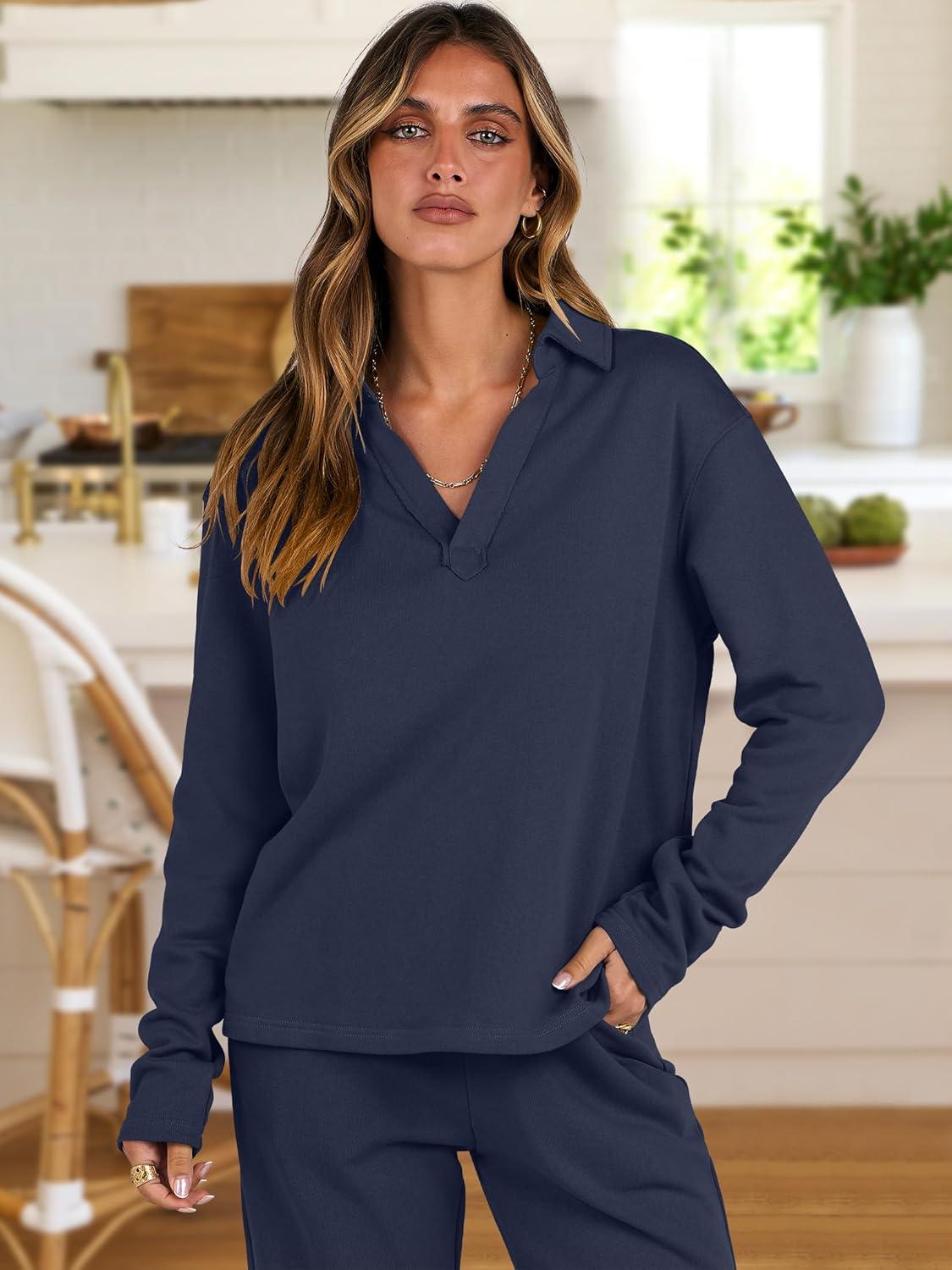 imageANRABESS Lounge Sets for Women 2 Piece Outfits Sweatsuit Set Fall V Neck Sweatshirts Wide Leg Pants TracksuitsNavy Blue