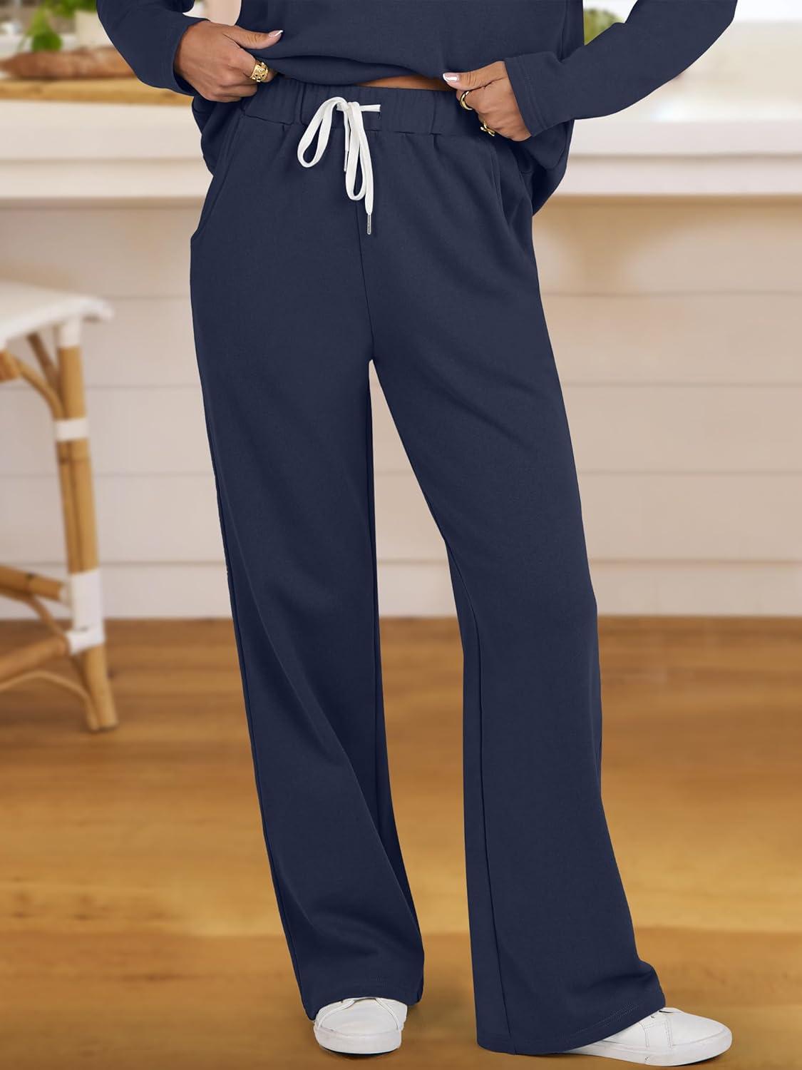 imageANRABESS Lounge Sets for Women 2 Piece Outfits Sweatsuit Set Fall V Neck Sweatshirts Wide Leg Pants TracksuitsNavy Blue