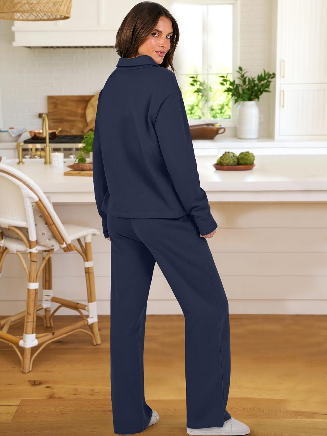 imageANRABESS Lounge Sets for Women 2 Piece Outfits Sweatsuit Set Fall V Neck Sweatshirts Wide Leg Pants TracksuitsNavy Blue